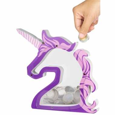 Eenhoorn spaarpot transparant kunststof 19 x 23 cm paars/roze bestellen