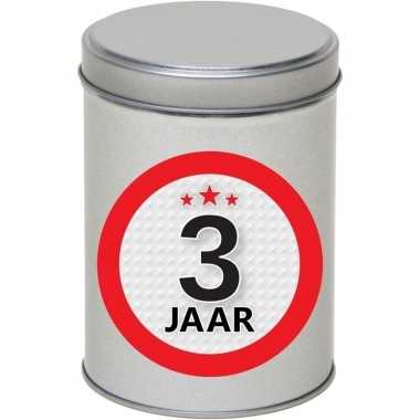 Metalen zilver rond blikje cadeauverpakking 13 cm met 3 jaar sticker