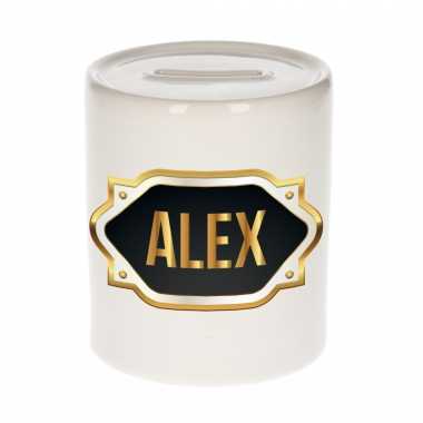Naam cadeau spaarpot alex met gouden embleem bestellen